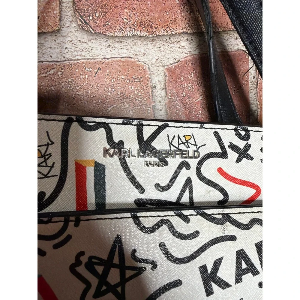 Karl Lagerfeld Paris Graffiti Print Saffiano Leather Tote Crossbody Bag White - Picture 5 of 6